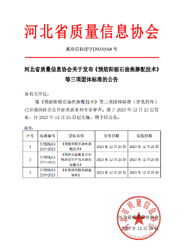 河北省质量信息协会关于发布《预焙阳极石油焦掺配技术》等三项团体标准的公告