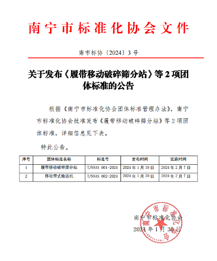 南宁市标准化协会关于发布《履带移动破碎筛分站》等2项团体标准的公告