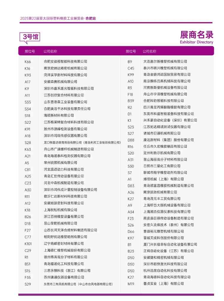 重磅发布!2025亚太橡塑展·合肥站展商名录抢先收藏! 重磅发布!2025亚太橡塑展·合肥站展商名录抢先收藏!