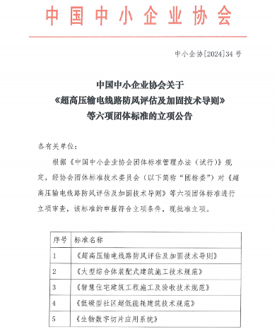 中国中小企业协会关于《超高压输电线路防风评估及加固技术导则》等六项团体标准的立项公告