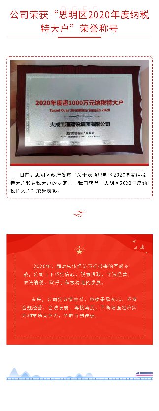 公司荣获“思明区2020年度纳税特大户”荣誉称号